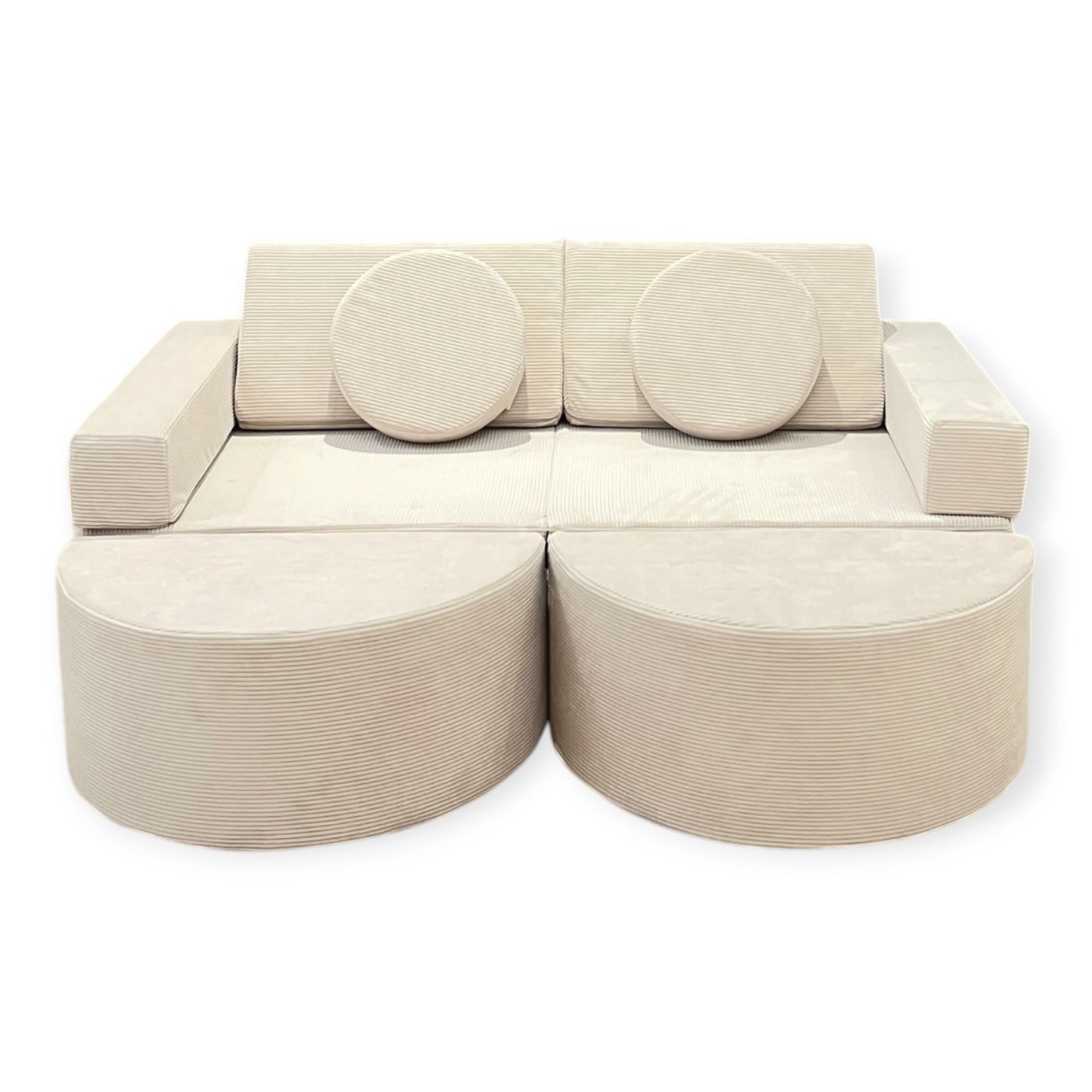 The Neztly Corduroy Snuggle Junior Sofa (12 pcs) is a soft, modular seating set designed for kids. Made with cozy corduroy fabric and supportive foam, it easily transforms from a sofa into fun play structures like forts or loungers, perfect for relaxing and imaginative play.