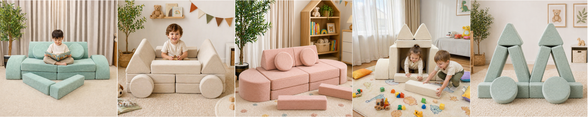 Neztly Modular Kids Play Sofa — Build, Play & Imagine Kids playing with modular foam play sofa in beige, pink and green — Neztly UAE